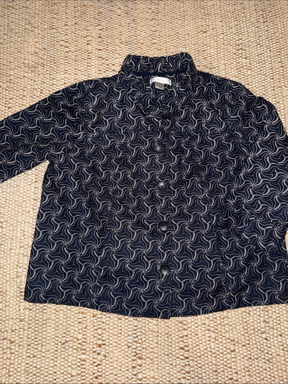 Womens Navy Patterned Button-Front Jacket Top with Ruffled collar 3/4 sleeve VTG